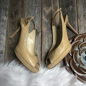 Jimmy Choo Beige Patent Leather Peep-Toe Slingback Heels
